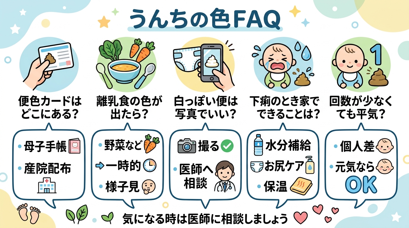 うんちの色のfaqを吹き出し形式でまとめた図。「便色カードはどこにある?」「離乳食の色が出たら?」「白っぽい便は写真でいい?」「下痢のとき家でできることは?」「...