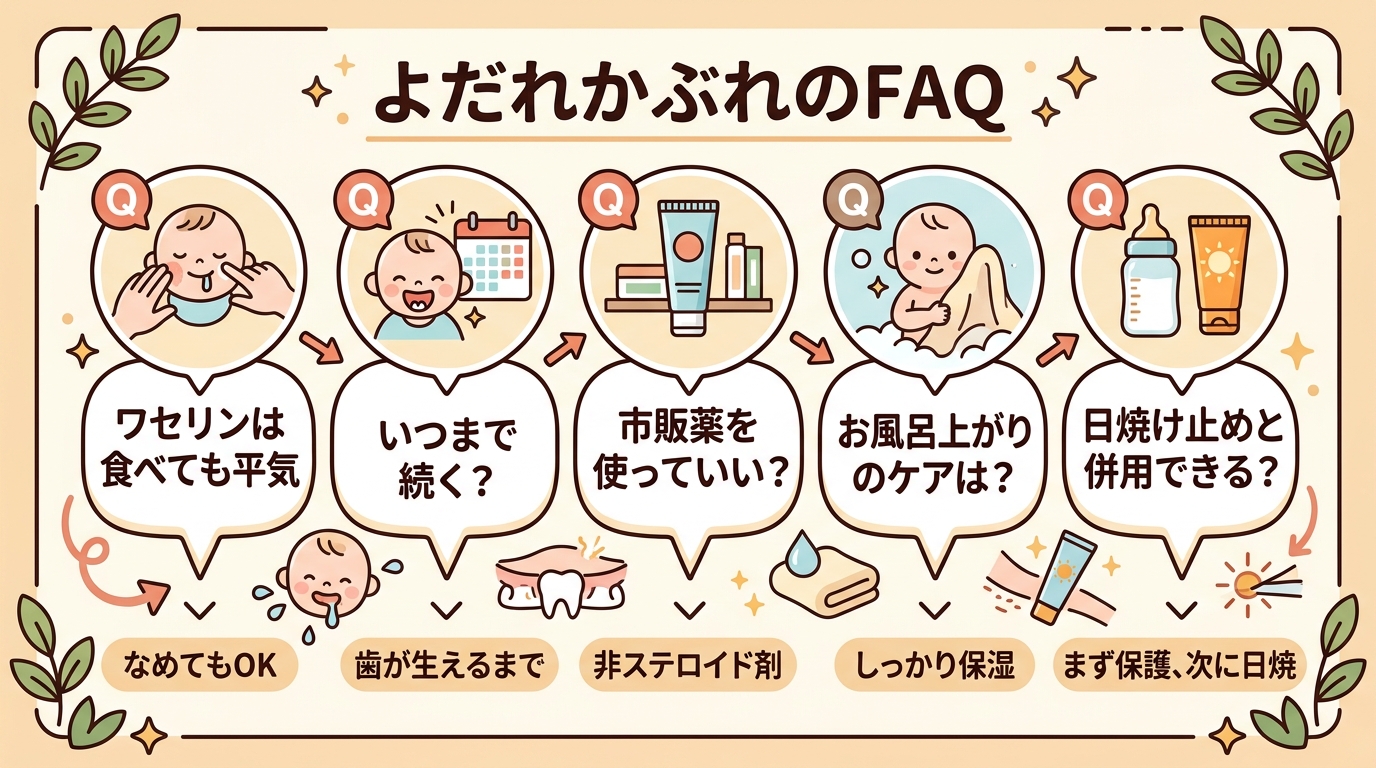 よだれかぶれのfaqを吹き出し形式でまとめた図。「ワセリンは食べても平気?」「いつまで続く?」「市販薬を使っていい?」「お風呂上がりのケアは?」「日焼け止めと併...
