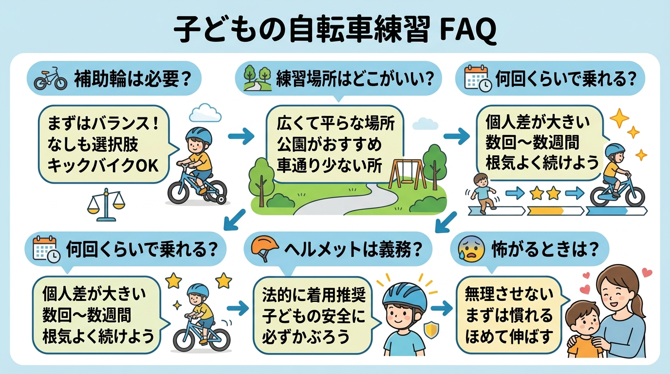 子どもの自転車練習のfaqを吹き出し形式でまとめた図。「補助輪は必要?」「練習場所はどこがいい?」「何回くらいで乗れる?」「ヘルメットは義務?」「怖がるときは?...