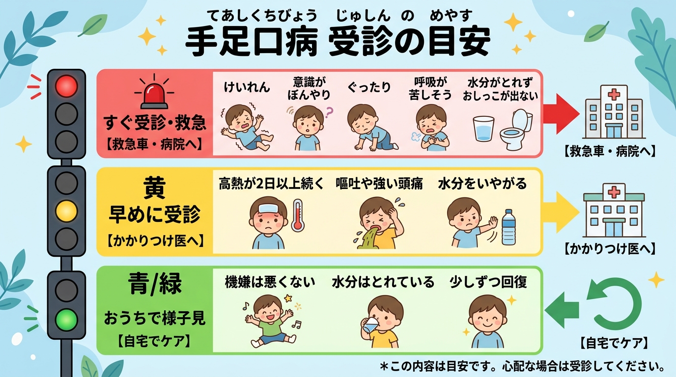 手足口病の受診目安を3段階で示す信号機型イラスト。「すぐ受診・救急（赤）：けいれん・意識がぼんやり・ぐったり・呼吸が苦しそう・水分がとれずおしっこが出ない」「早...