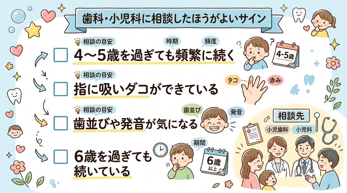 「歯科・小児科に相談したほうがよいサイン」をチェックリスト形式でまとめたイラスト。チェックボックス付きで「4〜5歳を過ぎても頻繁に続く」「指に吸いダコができてい...