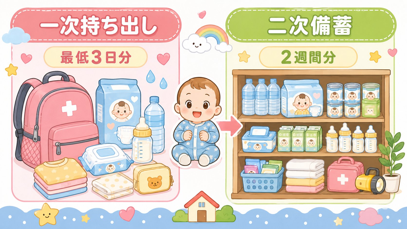 赤ちゃん防災グッズの2段階整理の図解。左に避難リュックのイラストと「一次持ち出し」「最低3日分」、右に自宅の収納棚のイラストと「二次備蓄」「2週間分」のラベルを...