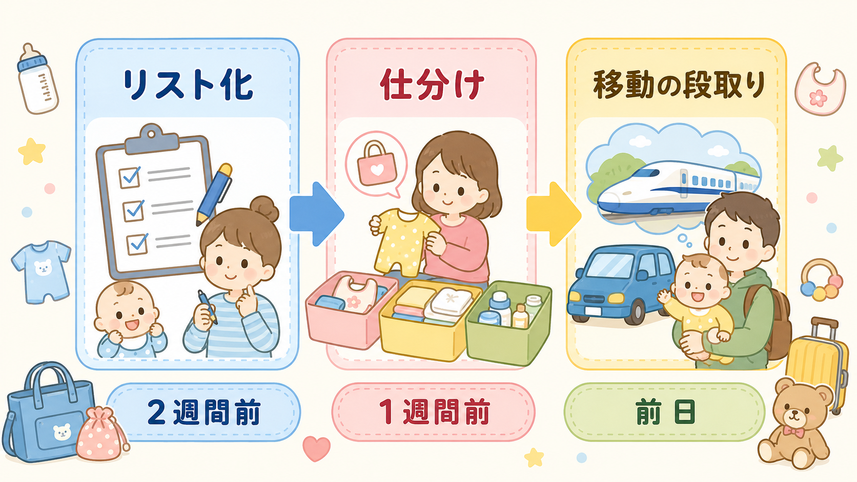 赤ちゃん連れ帰省準備の3ステップフロー図。「リスト化」→「仕分け」→「移動の段取り」の矢印付きステップで、下に「2週間前」「1週間前」「前日」の時期ラベルを添え...