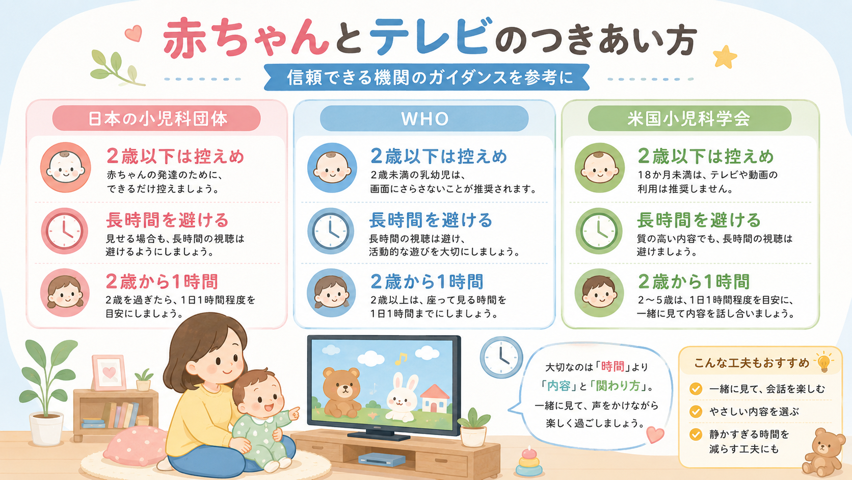 赤ちゃんのテレビはいつからokかを整理した機関別推奨の比較パネル。横3列で「日本の小児科団体」「who」「米国小児科学会」を並べ、各列に「2歳以下は控えめ」「長...