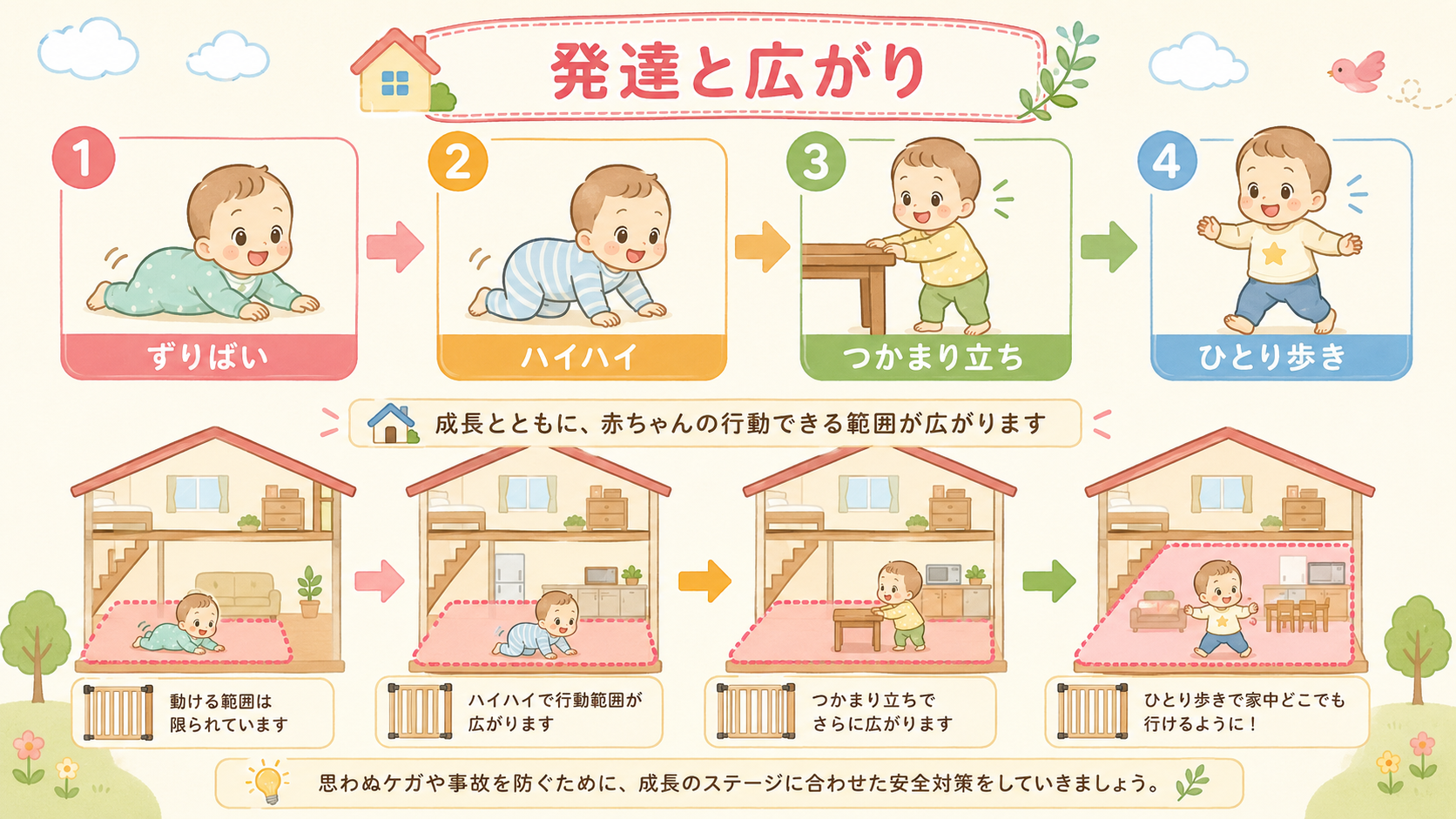 赤ちゃんの発達段階と行動範囲の広がりを示す横型タイムライン図。「ずりばい」→「ハイハイ」→「つかまり立ち」→「ひとり歩き」の4段階に赤ちゃんのイラストを配置し、...