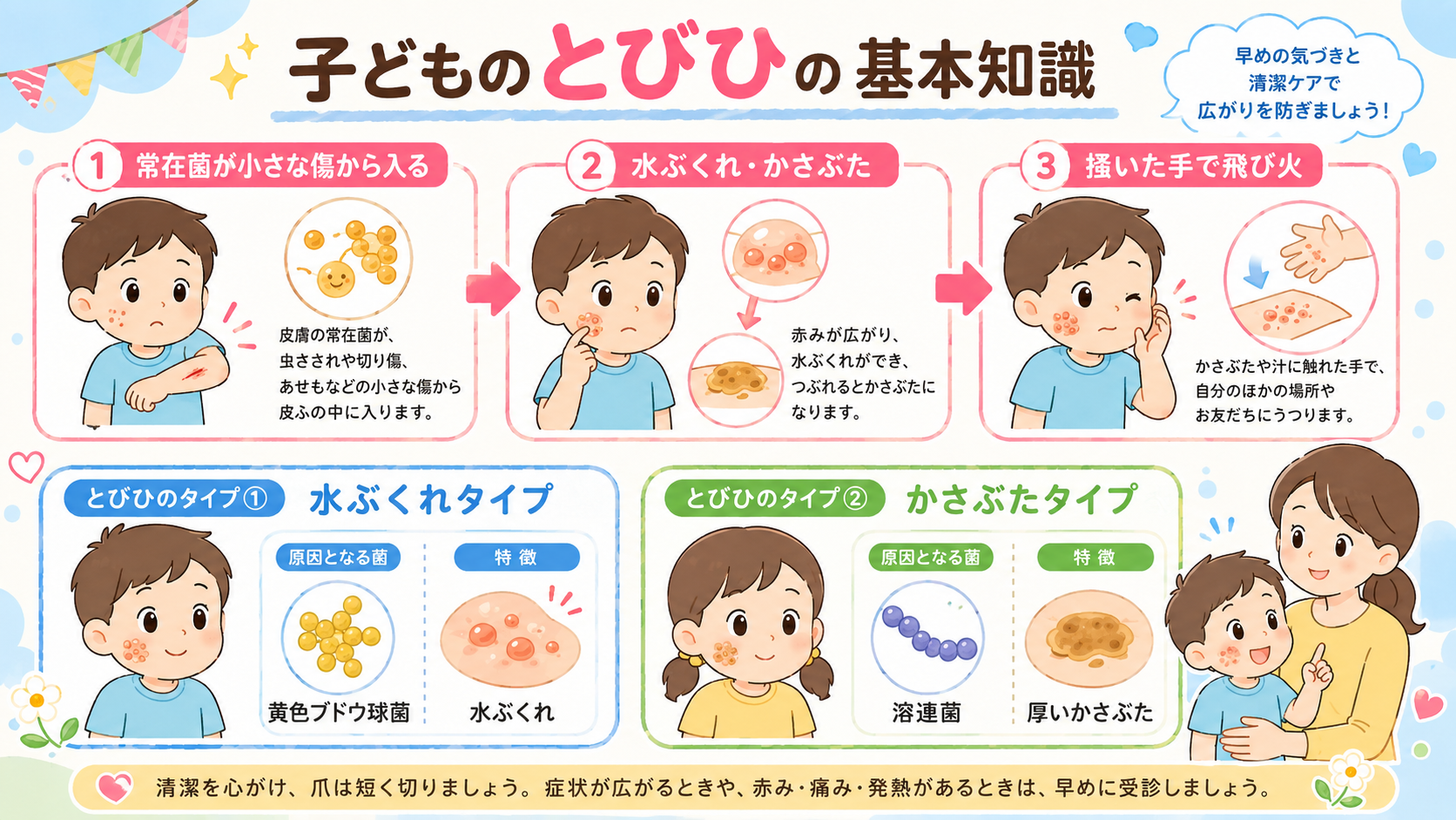 とびひ（伝染性膿痂疹）の基礎知識を示すインフォグラフィック。上部に「常在菌が小さな傷から入る」→「水ぶくれ・かさぶた」→「掻いた手で飛び火」の3ステップ横フロー...