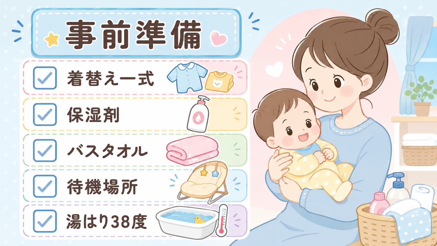 ワンオペお風呂の事前準備チェックリスト図解。「着替え一式」「保湿剤」「バスタオル」「待機場所」「湯はり38度」の5項目をアイコン付きチェックボックス形式で縦に並...