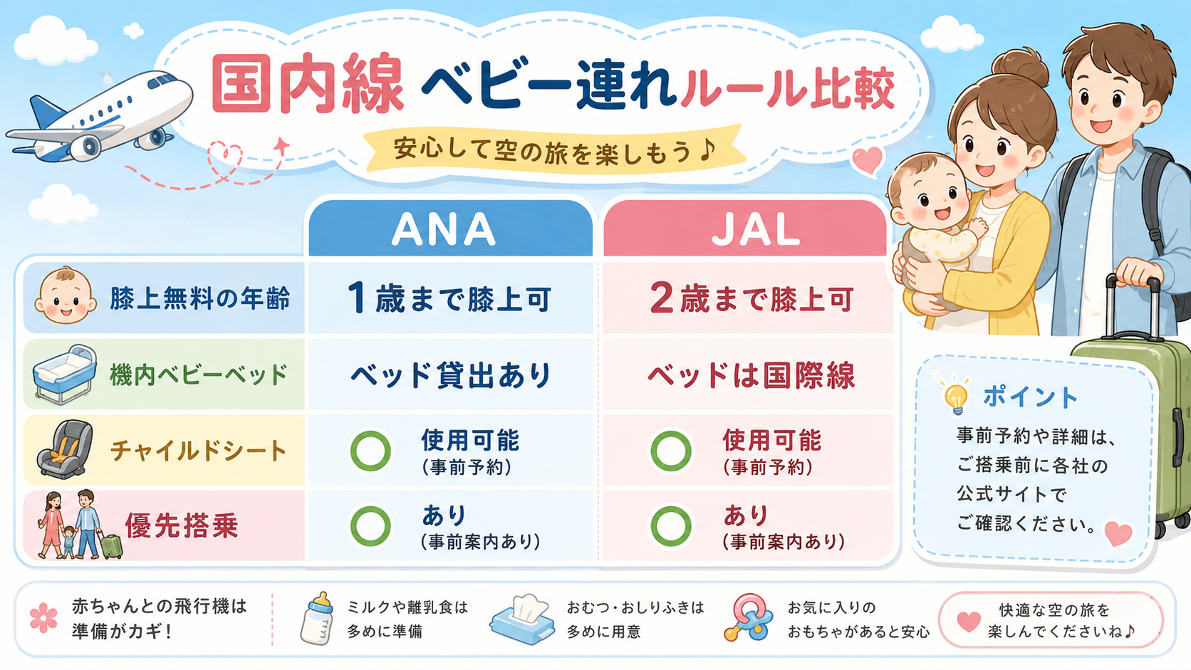 Anaとjalの国内線乳児ルールを左右で対比した比較パネル図。左にana・右にjalの2列×4行構成で、行項目は「膝上無料の年齢」「機内ベビーベッド」「チャイル...