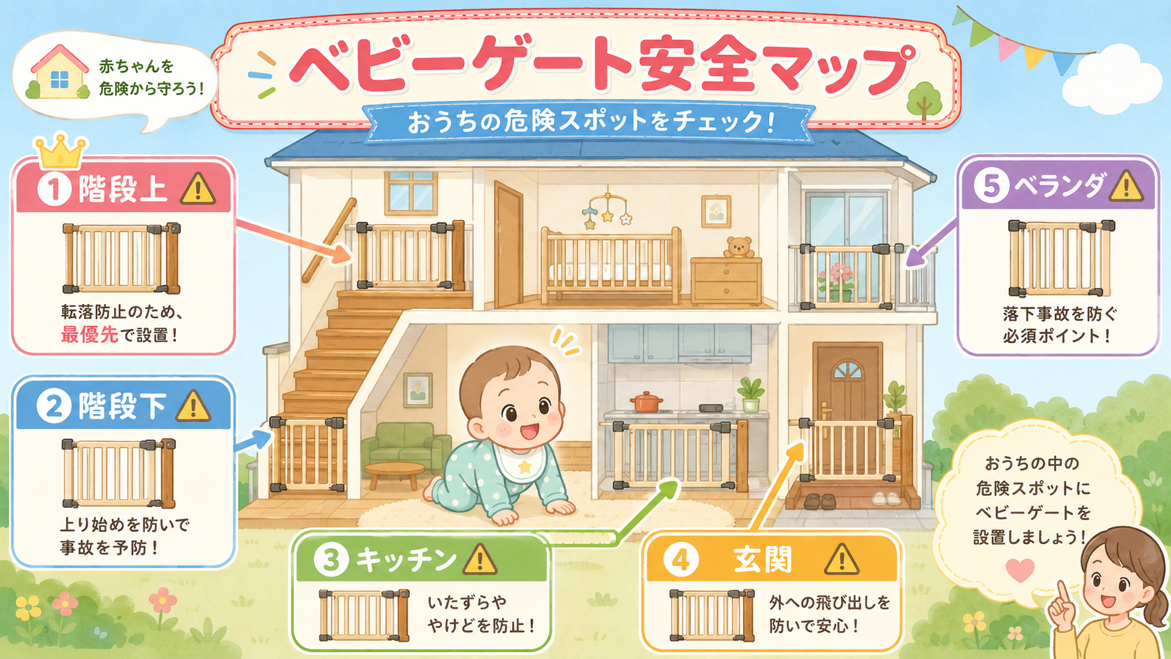 2階建ての家の断面イラストで危険スポットを示す間取りマップ図解。中央にハイハイする赤ちゃん、「階段上」「階段下」「キッチン」「玄関」「ベランダ」の5か所に警告ア...