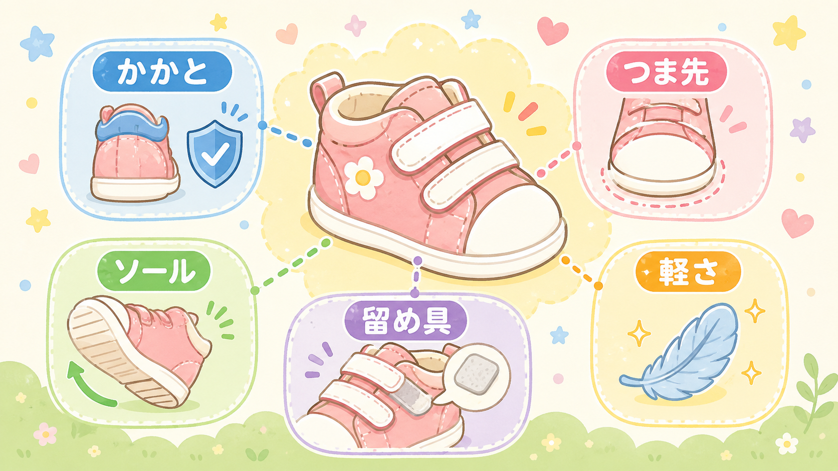 ファーストシューズ選び5つのチェックポイントの図解。中央にベビーシューズのイラストを置き、周囲に「かかと」「つま先」「ソール」「留め具」「軽さ」の5つのラベルを...