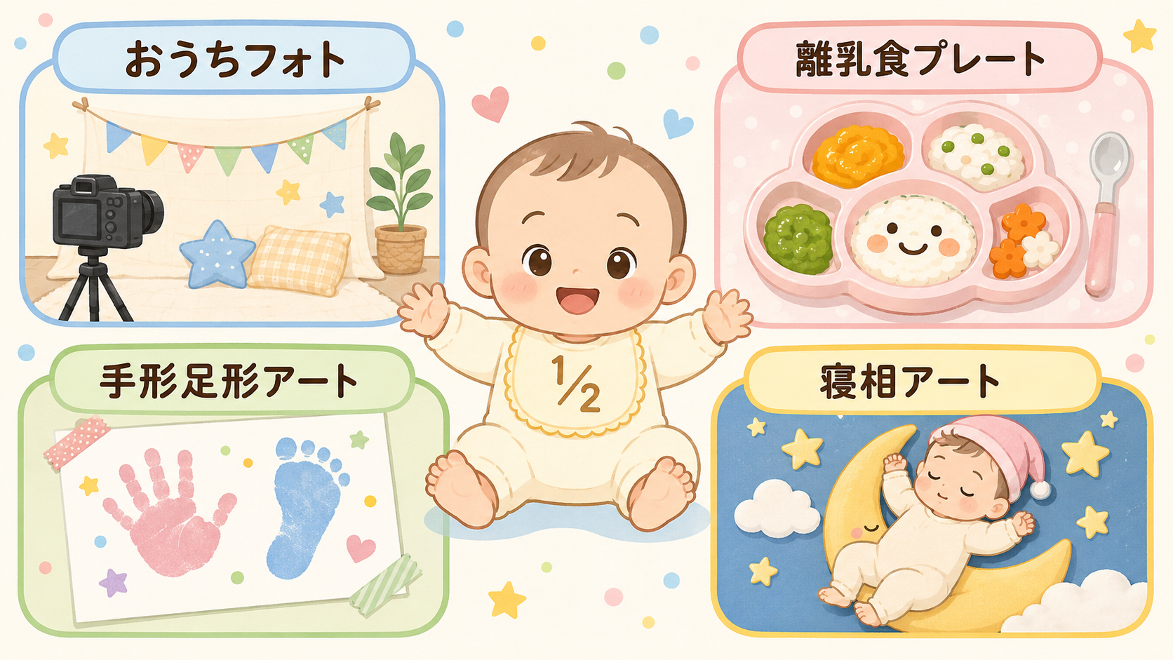 ハーフバースデー定番お祝いアイデアの図解。中央に笑顔の赤ちゃん、周囲に「おうちフォト」「離乳食プレート」「手形足形アート」「寝相アート」の4パネル、それぞれに小...