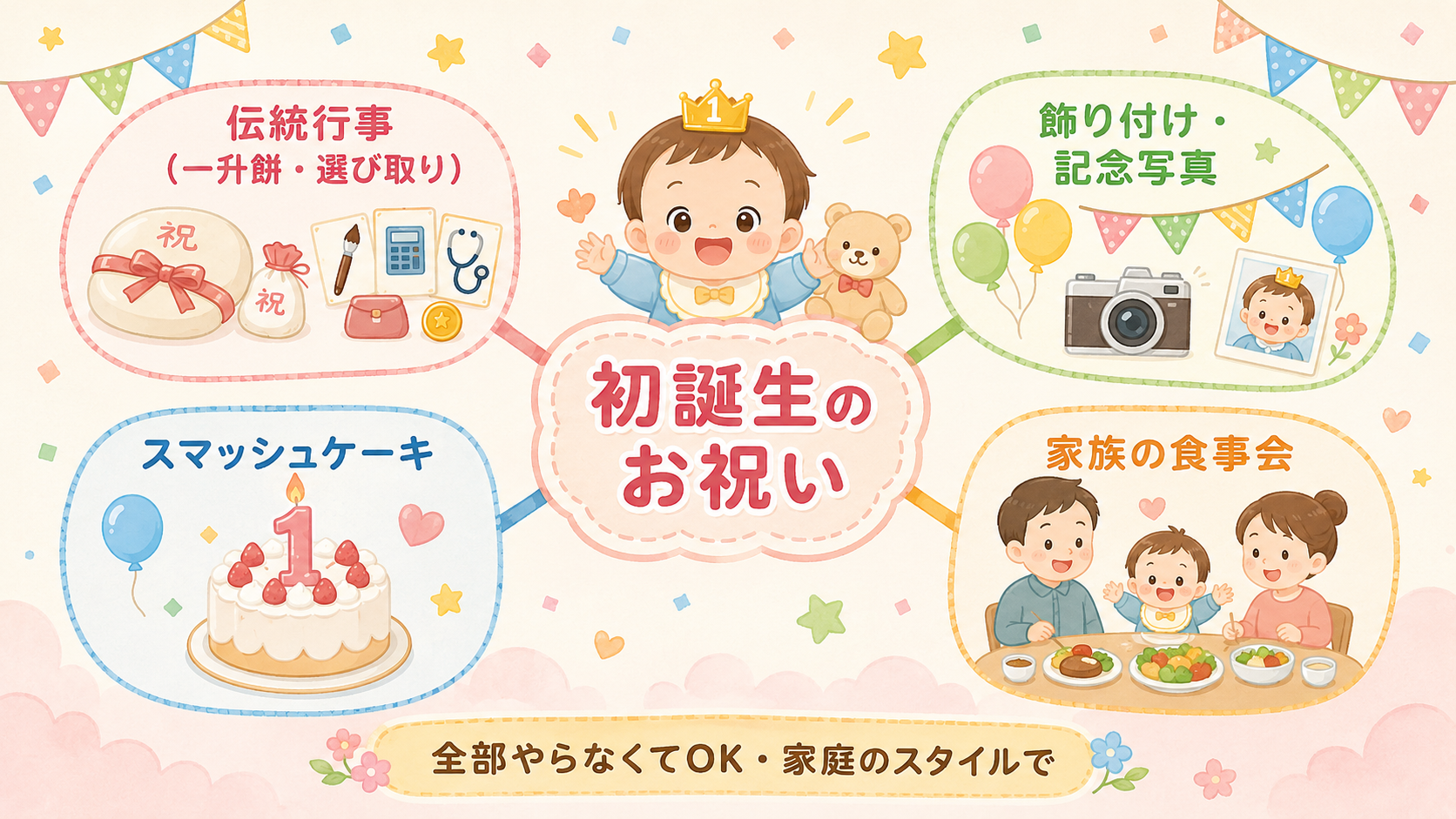 1歳の誕生日にやることを分類したマインドマップ風の図解。中央に「初誕生のお祝い」、そこから「伝統行事（一升餅・選び取り）」「飾り付け・記念写真」「スマッシュケー...