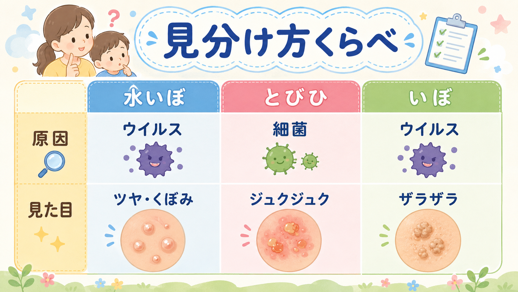 水いぼ・とびひ・普通のいぼの見分け対比パネル。3列で「水いぼ」「とびひ」「いぼ」を並べ、各列に「原因」「見た目」の行ラベル。水いぼ列に「ウイルス」「ツヤ・くぼみ...