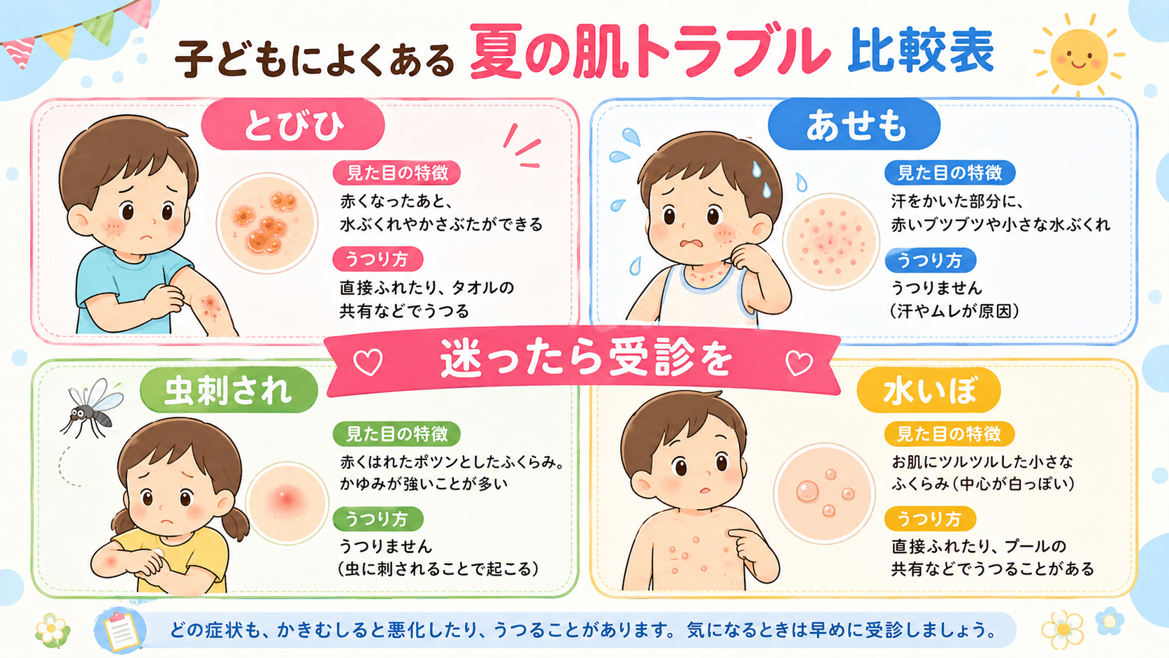 子どもの夏の皮膚トラブルを見分ける4分割比較パネル。「とびひ」「あせも」「虫刺され」「水いぼ」の4区画に、それぞれ見た目・広がり方の特徴を日本語ラベルで簡潔に配...