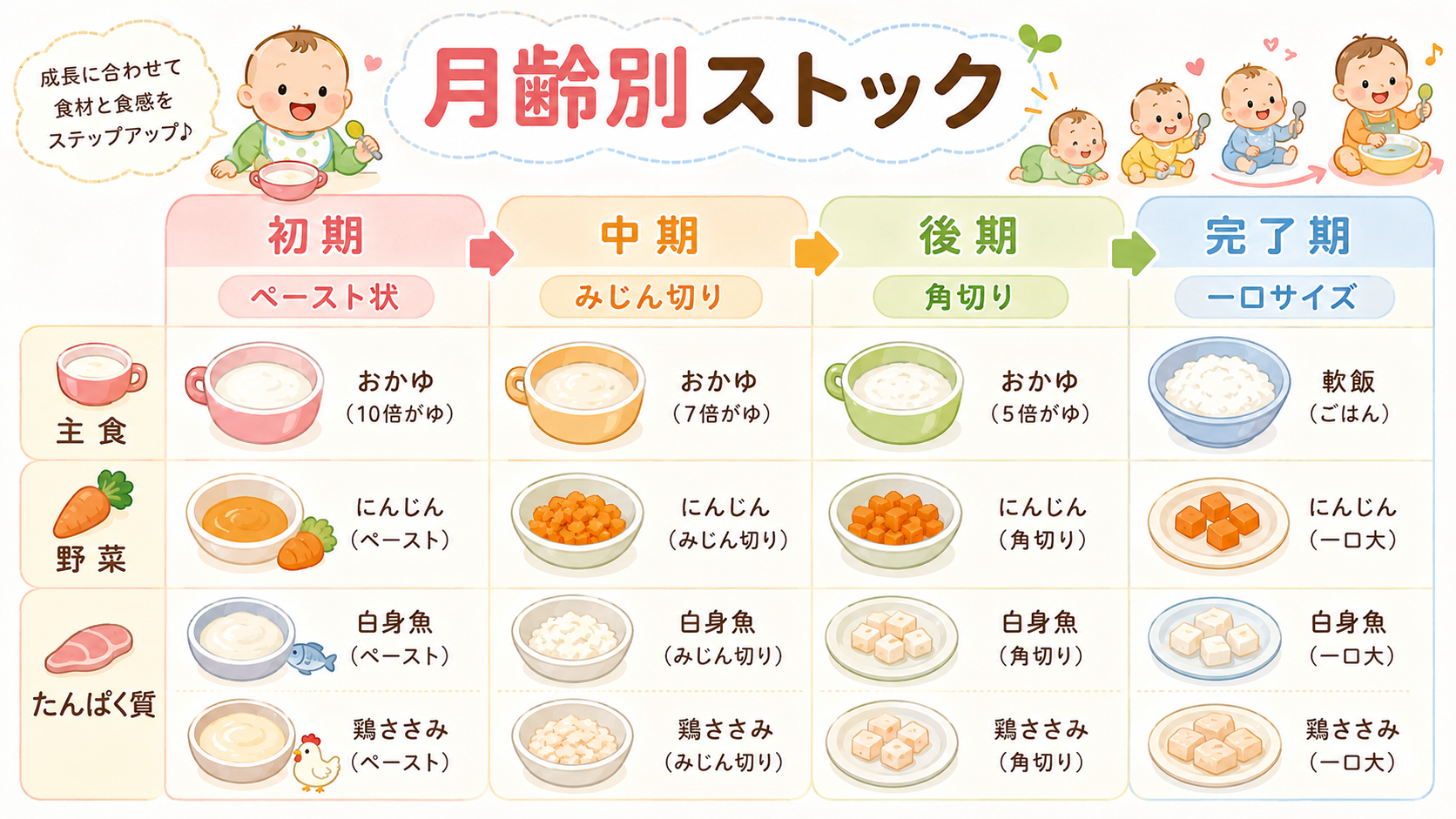 月齢別の冷凍ストック中身マップ。「初期」「中期」「後期」「完了期」の4列タイムラインで、各列に主食・野菜・たんぱく質の3段のかわいい食材イラスト（おかゆカップ・...