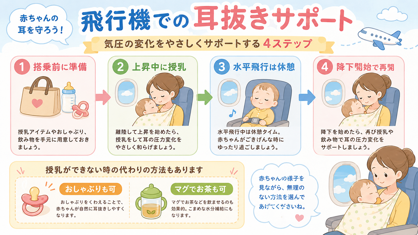 赤ちゃんの耳抜きの流れを示す4ステップのフロー図。「搭乗前に準備」→「上昇中に授乳」→「水平飛行は休憩」→「降下開始で再開」を矢印でつなぐ。下段に代わりの方法と...