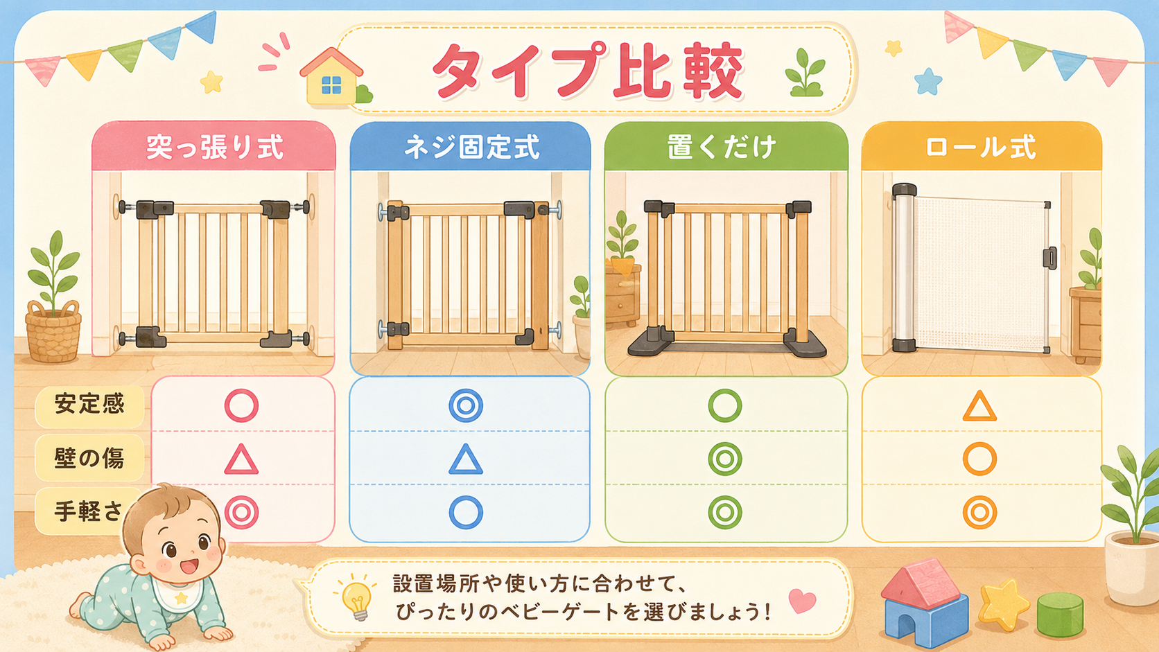 ベビーゲート4タイプの比較パネル図解。「突っ張り式」「ネジ固定式」「置くだけ」「ロール式」の4列にそれぞれ形の違うゲートのイラストを描き、その下に「安定感」「壁...