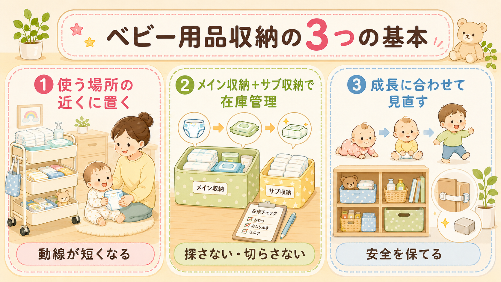 ベビー用品収納の3大原則をまとめたインフォグラフィック。3つのアイコン付きパネルで「①使う場所の近くに置く」「②メイン収納＋サブ収納で在庫管理」「③成長に合わせ...