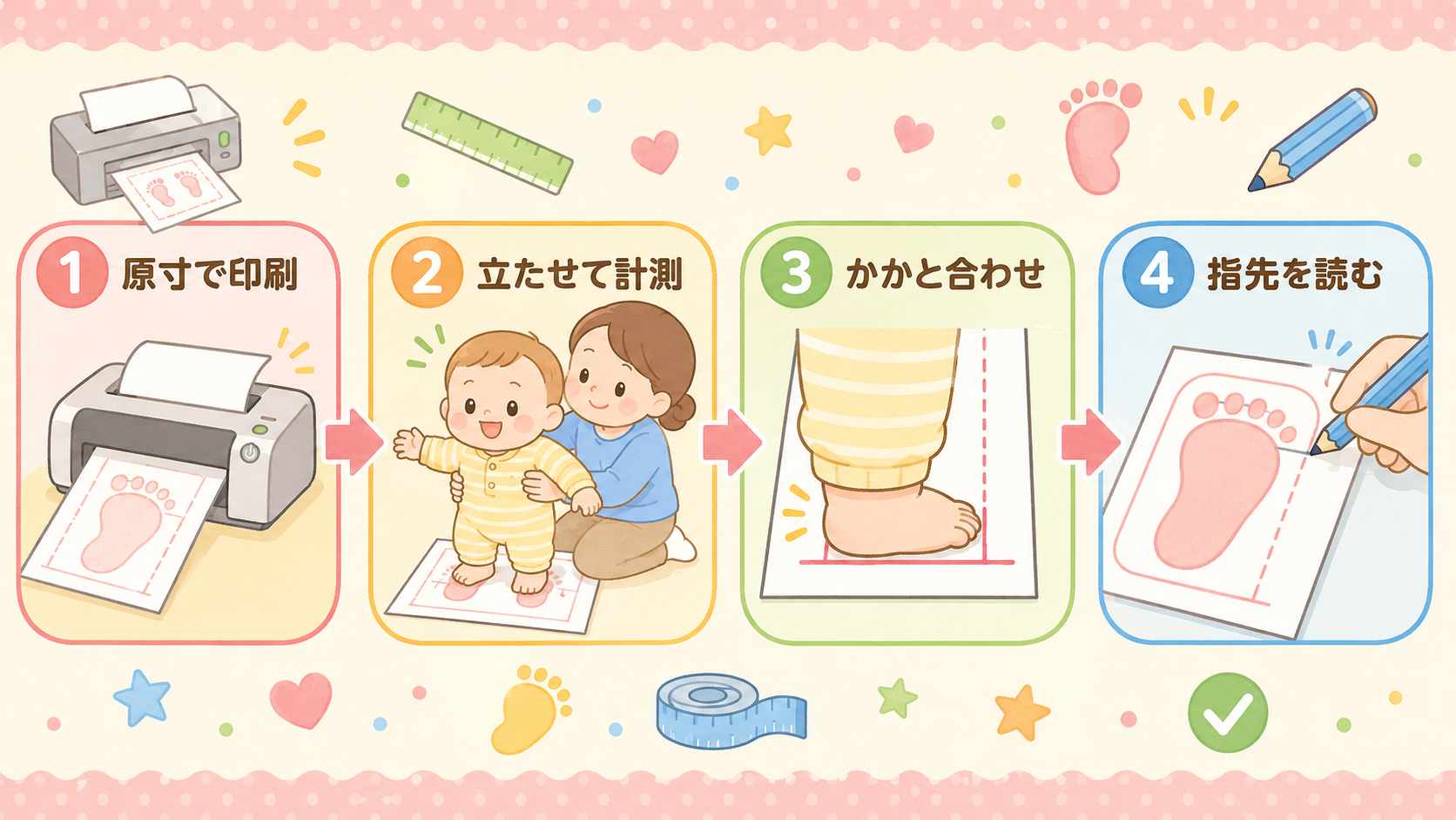 自宅での赤ちゃんの足サイズ測定の4ステップ手順図。「原寸で印刷」→「立たせて計測」→「かかと合わせ」→「指先を読む」の順に番号付きイラストで並べる。画像内のすべ...
