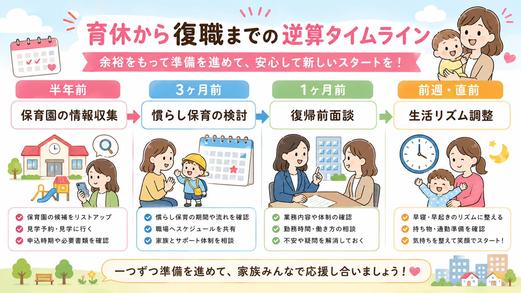 復職までの逆算スケジュールを示すタイムライン図のインフォグラフィック。左から右へ「半年前」→「3ヶ月前」→「1ヶ月前」→「前週・直前」の4区間に分け、各区間にや...