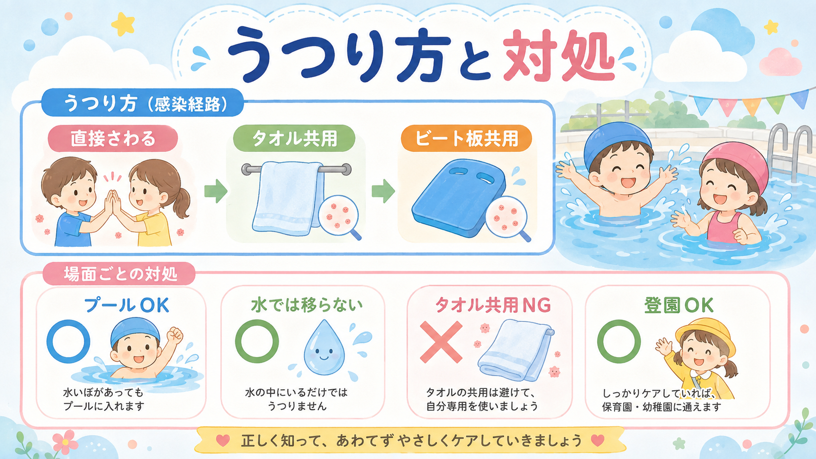 水いぼの感染経路と場面別対応を示すパネル。上段に感染経路図「直接さわる」「タオル共用」「ビート板共用」の矢印、下段に○×の場面別パネル「プールok」「水では移ら...