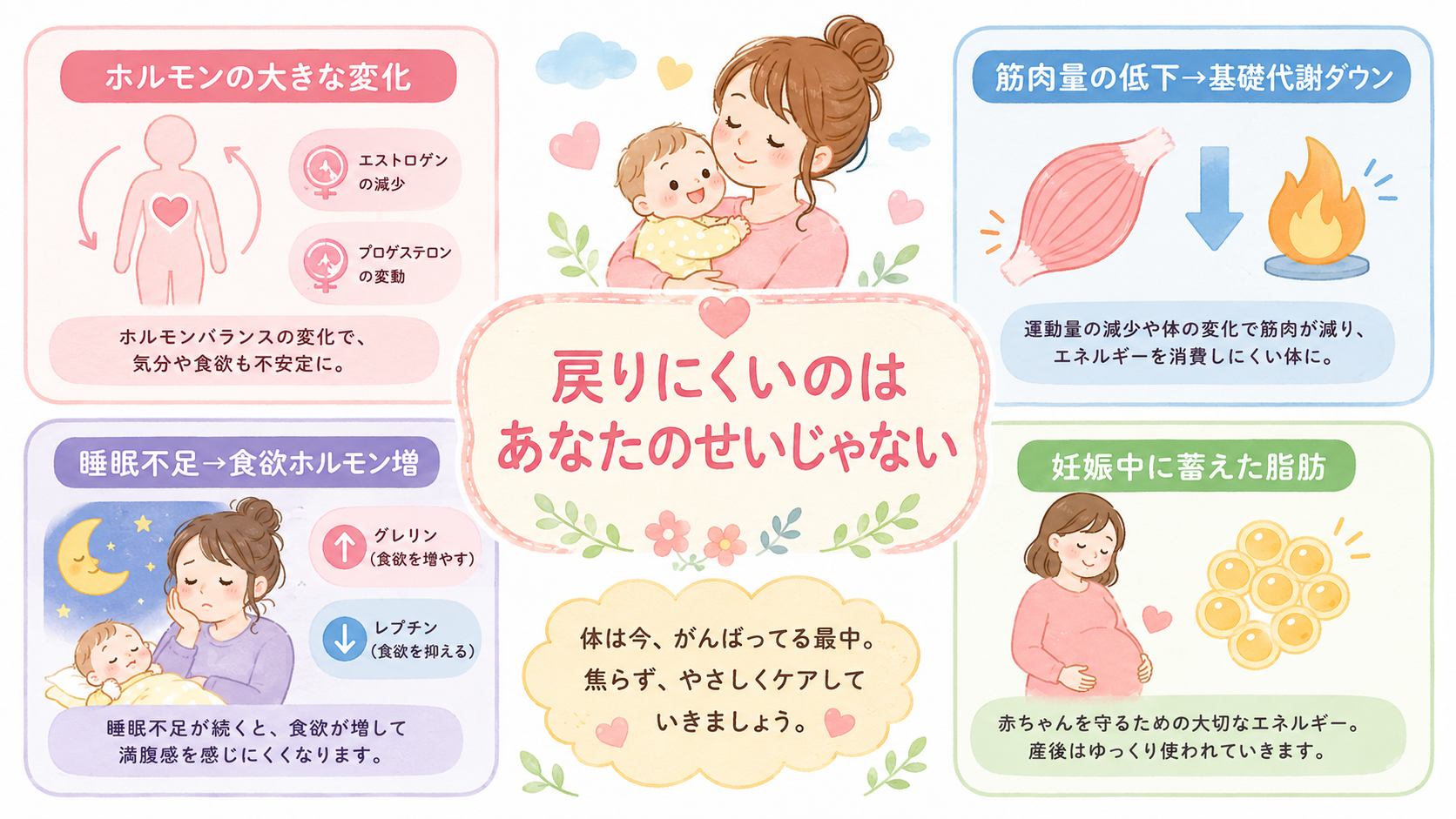 産後に痩せにくい理由を示す4要素の図解。中央に「戻りにくいのはあなたのせいじゃない」の見出し、周囲に「ホルモンの大きな変化」「筋肉量の低下→基礎代謝ダウン」「睡...