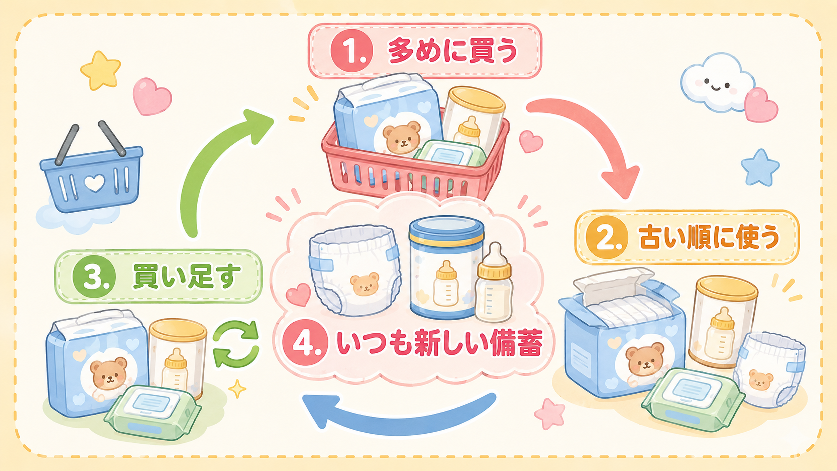 おむつ備蓄のローリングストック循環図。「多めに買う」→「古い順に使う」→「買い足す」の3ステップを矢印でつないだサイクル図。中央におむつと液体ミルクのイラストと...