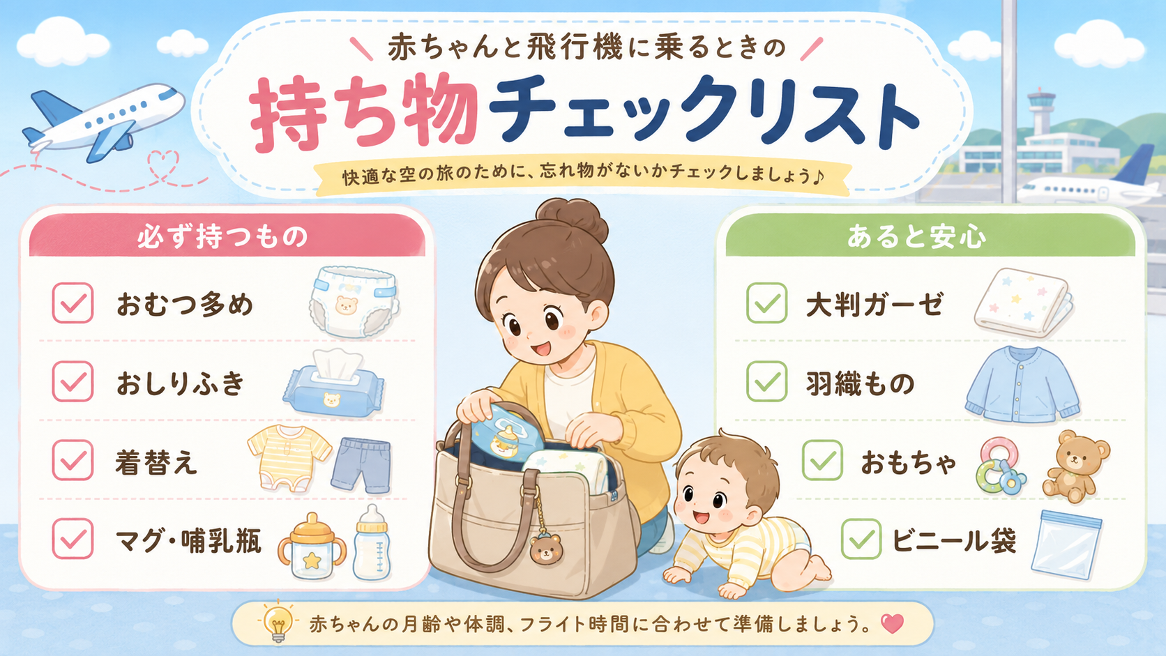 赤ちゃんとの飛行機持ち物を整理した2パネルのチェックリスト図。左パネル「必ず持つもの」に「おむつ多め」「おしりふき」「着替え」「マグ・哺乳瓶」、右パネル「あると...