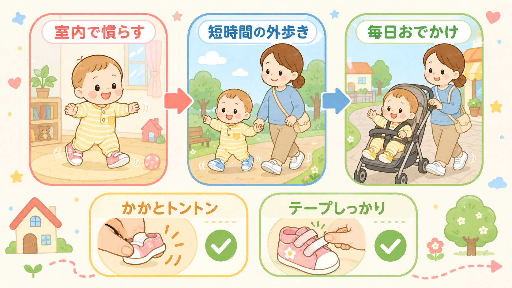 室内練習から外デビューまでの3ステップフロー図。「室内で慣らす」→「短時間の外歩き」→「毎日おでかけ」を矢印でつなぎ、下段に「かかとトントン」「テープしっかり」...