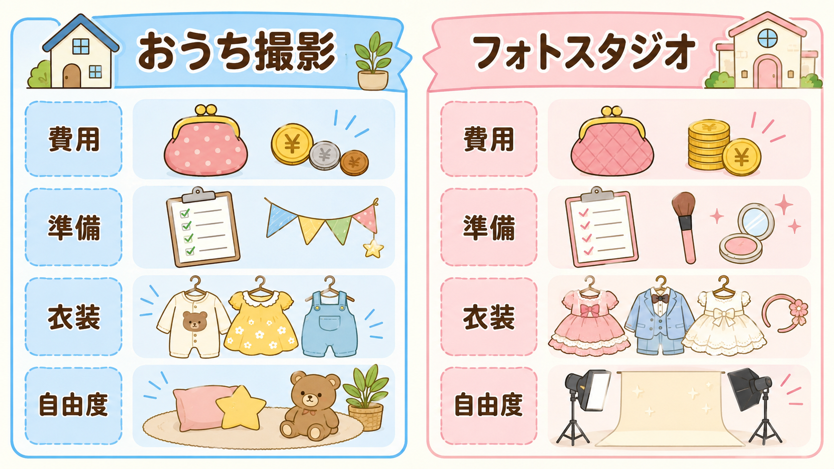 おうち撮影とフォトスタジオの比較図解。左に「おうち撮影」右に「フォトスタジオ」の2列を並べ、比較項目として「費用」「準備」「衣装」「自由度」のラベル付き。画像内...