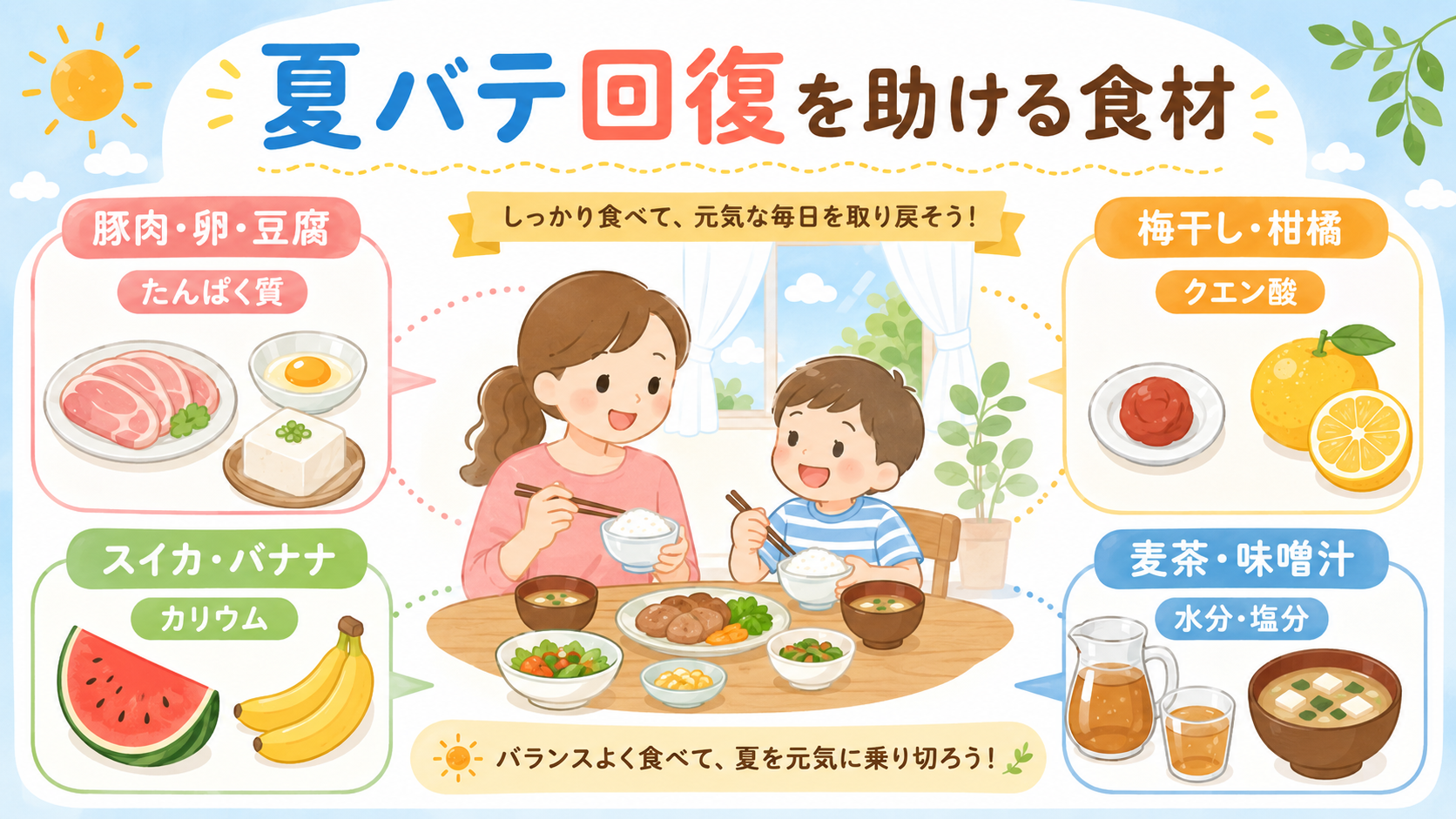 夏バテ回復を助ける食材マップ。中央に食卓を囲む親子のイラスト、周囲に4つの食材グループ「豚肉・卵・豆腐」「梅干し・柑橘」「スイカ・バナナ」「麦茶・味噌汁」を円形...
