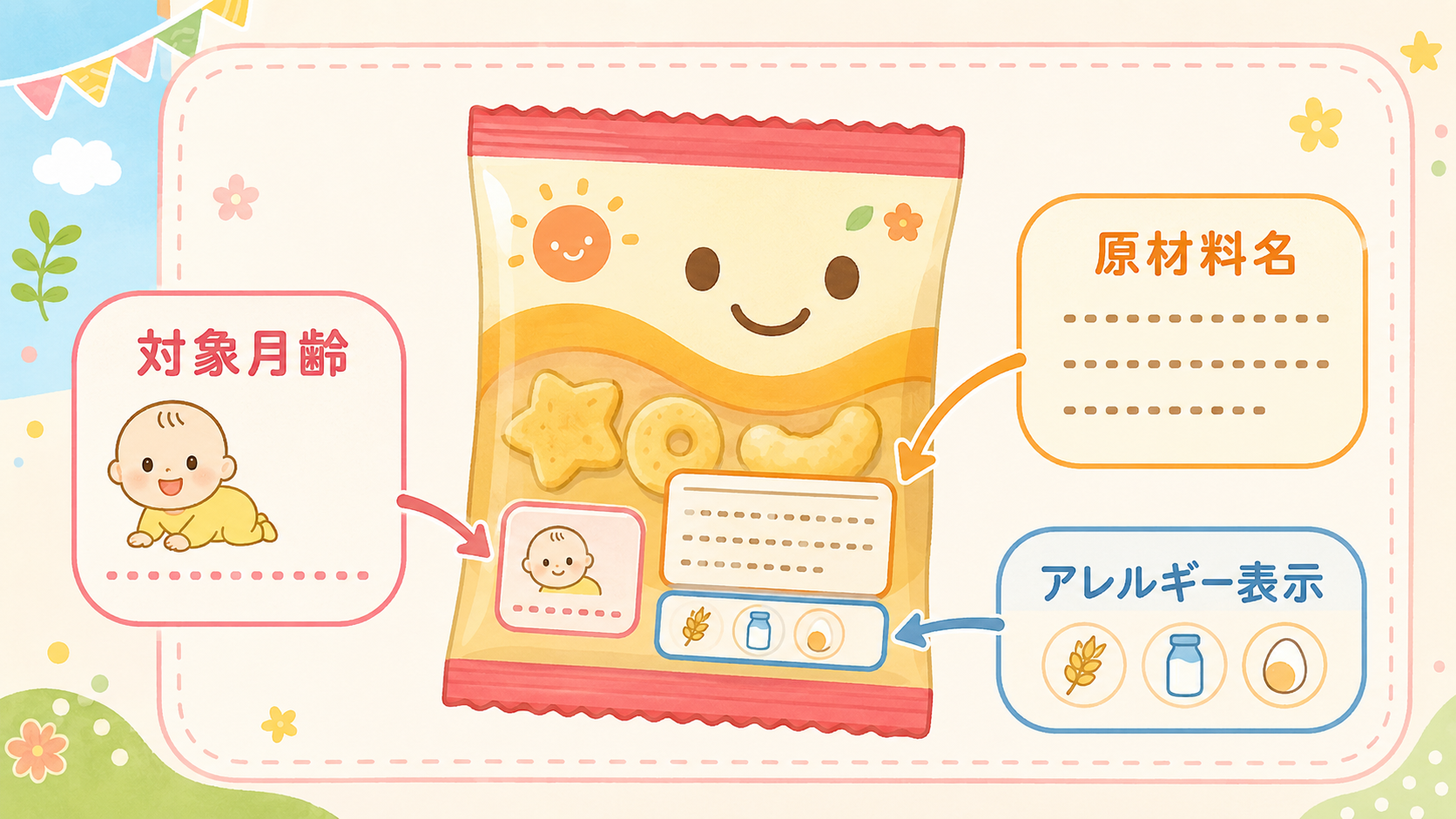 市販おやつパッケージの見方の図解。お菓子パッケージのイラストに「対象月齢」「原材料名」「アレルギー表示」の3つの吹き出しと矢印付き。画像内のすべてのテキスト・ラ...