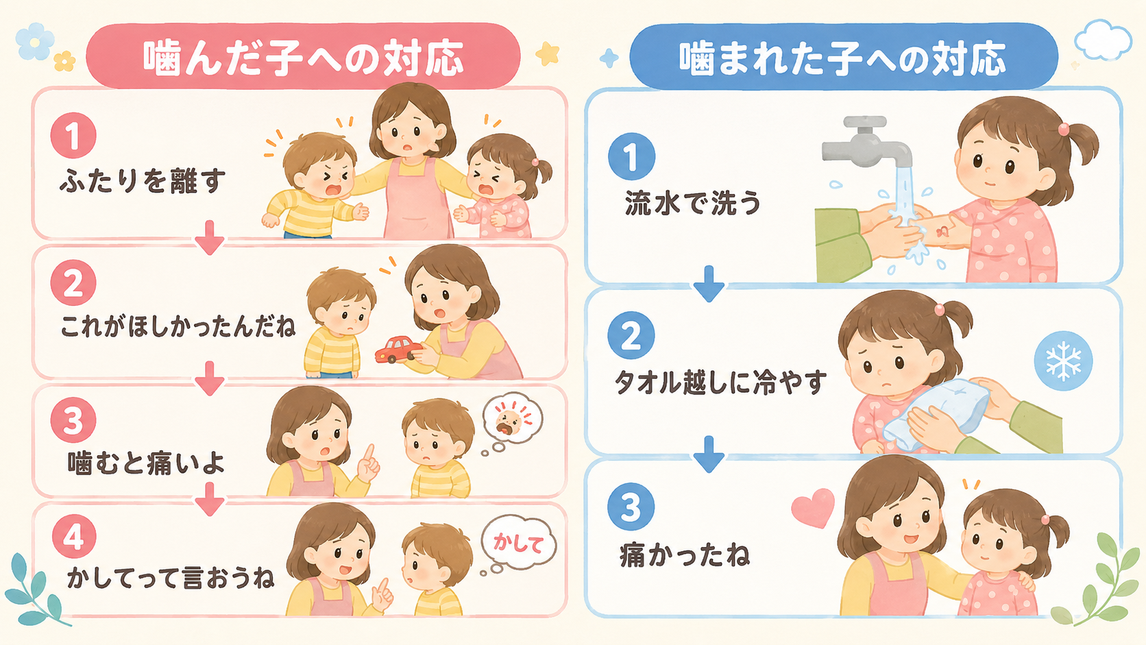 かみついた瞬間の対応を左右2フローで示すステップ図。左側「噛んだ子への対応」に①ふたりを離す→②「これがほしかったんだね」気持ちを代弁→③「噛むと痛いよ」短く伝...