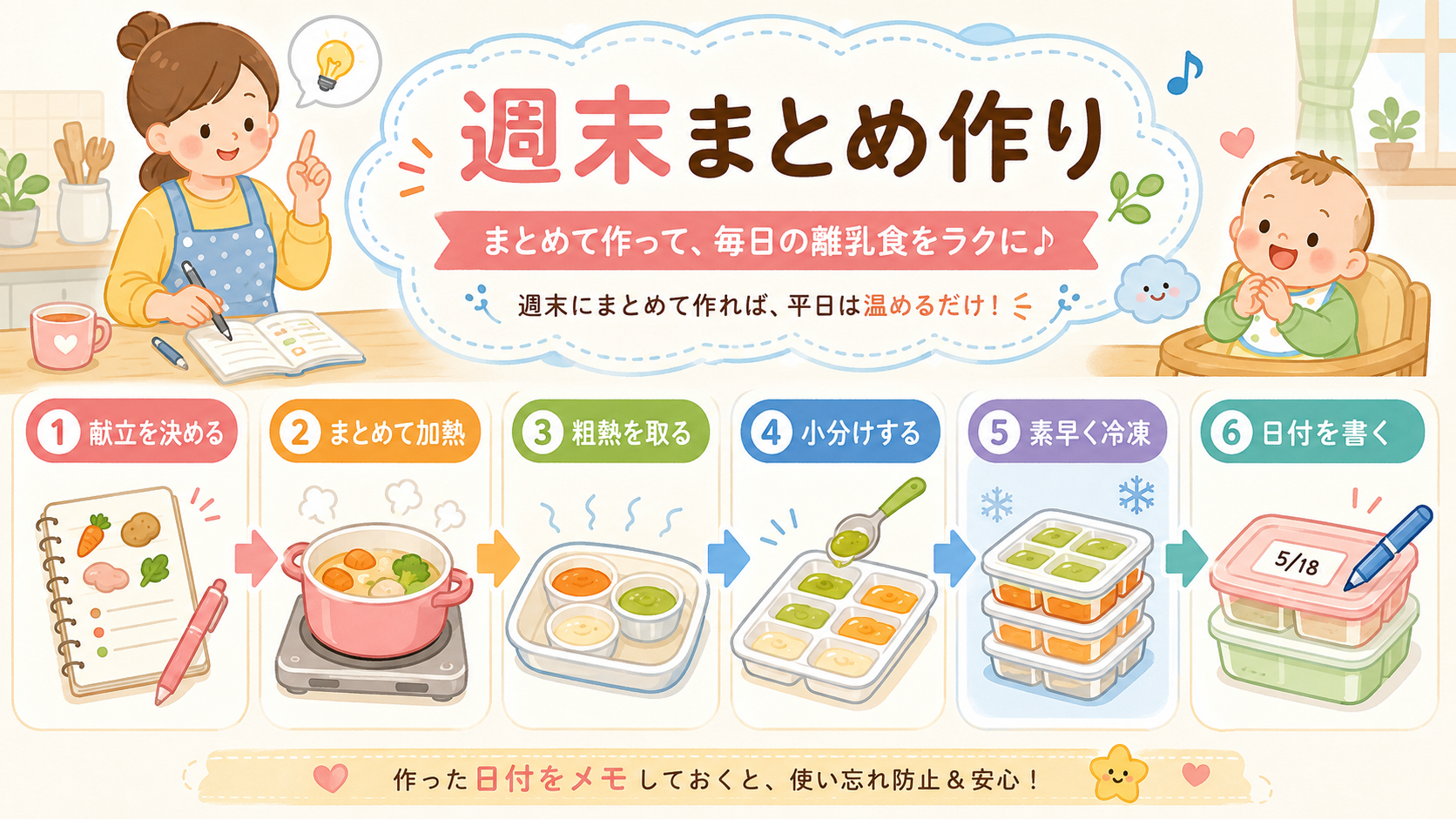 週末まとめ作りの段取りフロー図。「献立を決める」→「まとめて加熱」→「粗熱を取る」→「小分けする」→「素早く冷凍」→「日付を書く」の6ステップを矢印でつなぎ、各...