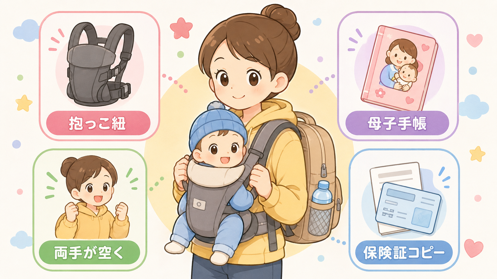 赤ちゃん連れ避難のポイント図解。中央に抱っこ紐で赤ちゃんを抱いてリュックを背負った保護者のイラスト、周囲に「抱っこ紐」「両手が空く」「母子手帳」「保険証コピー」...
