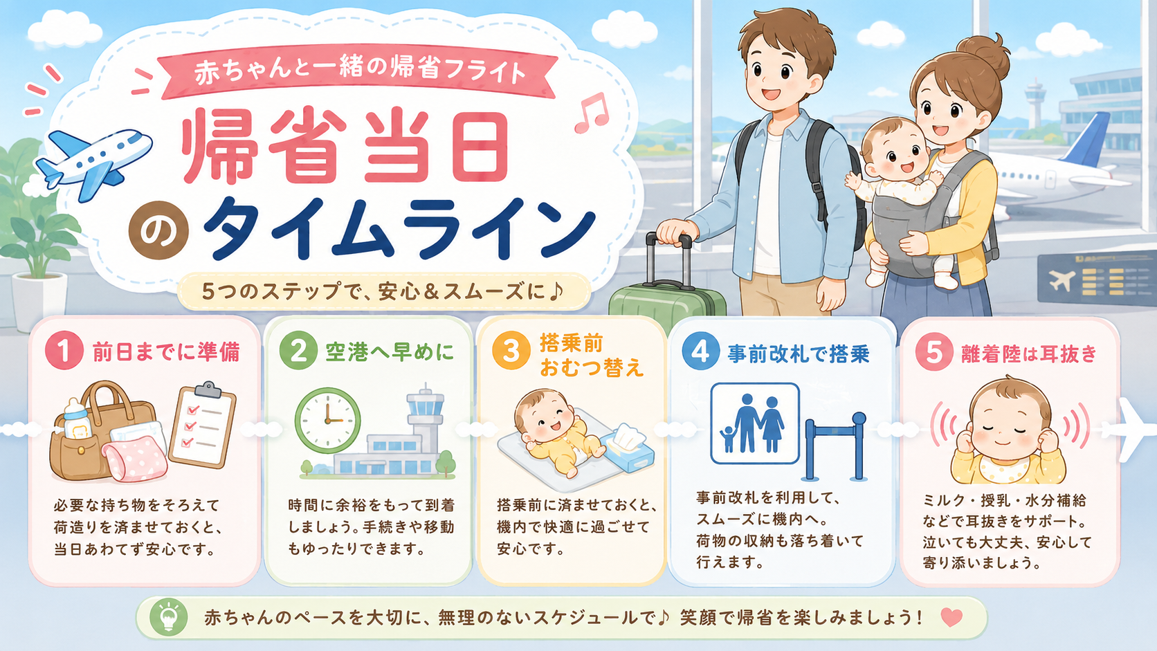 赤ちゃん連れ帰省フライト当日の段取りを示す横型タイムライン図。「前日までに準備」→「空港へ早めに」→「搭乗前おむつ替え」→「事前改札で搭乗」→「離着陸は耳抜き」...