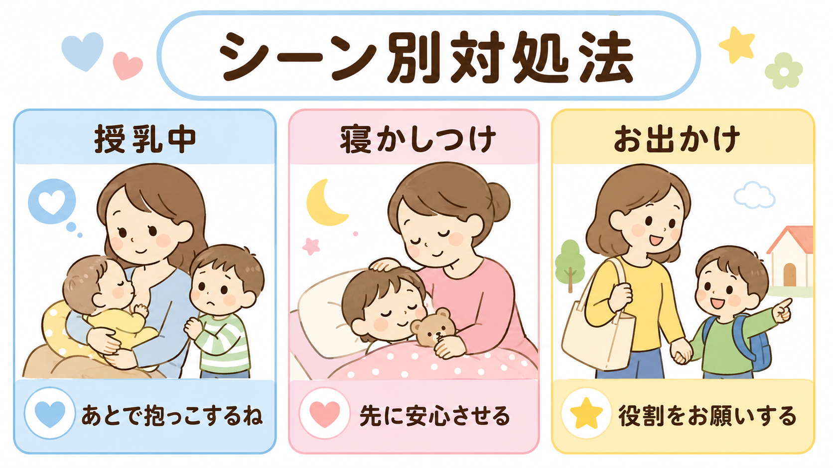 赤ちゃん返りのシーン別対処法の3パネル図解。「授乳中」「寝かしつけ」「お出かけ」の3場面ごとに、服を着たママが赤ちゃんを抱っこし隣に上の子が寄り添うイラストと対...