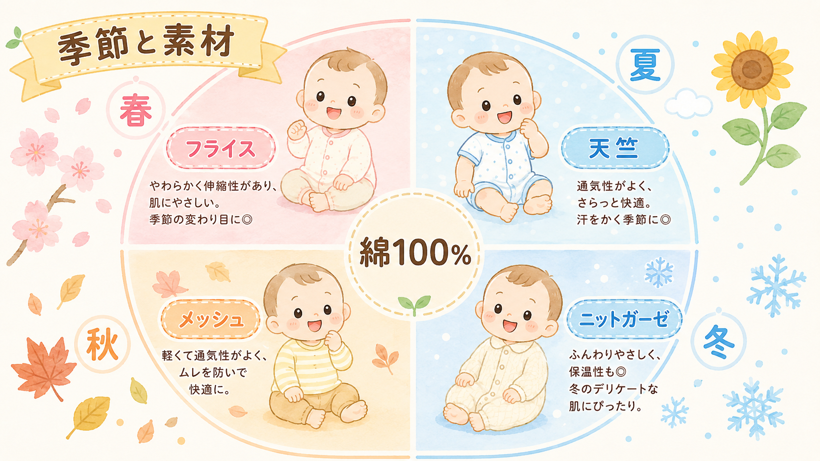 ベビー服の季節×素材マップ。円を春夏秋冬の4つのエリアに分け、各季節に素材名ラベル「フライス」「天竺」「メッシュ」「ニットガーゼ」と、その季節の服装をした赤ちゃ...