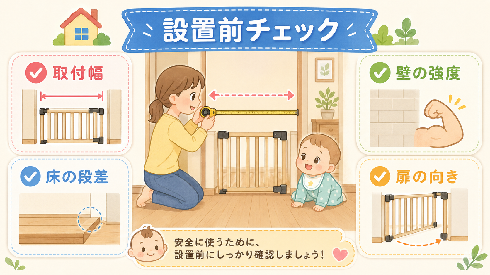 ベビーゲート設置前の確認ポイントを示す図解。廊下の取り付け幅をメジャーで測る保護者とそばで見ている赤ちゃんのイラストを中央に置き、周囲を「取付幅」「壁の強度」「...