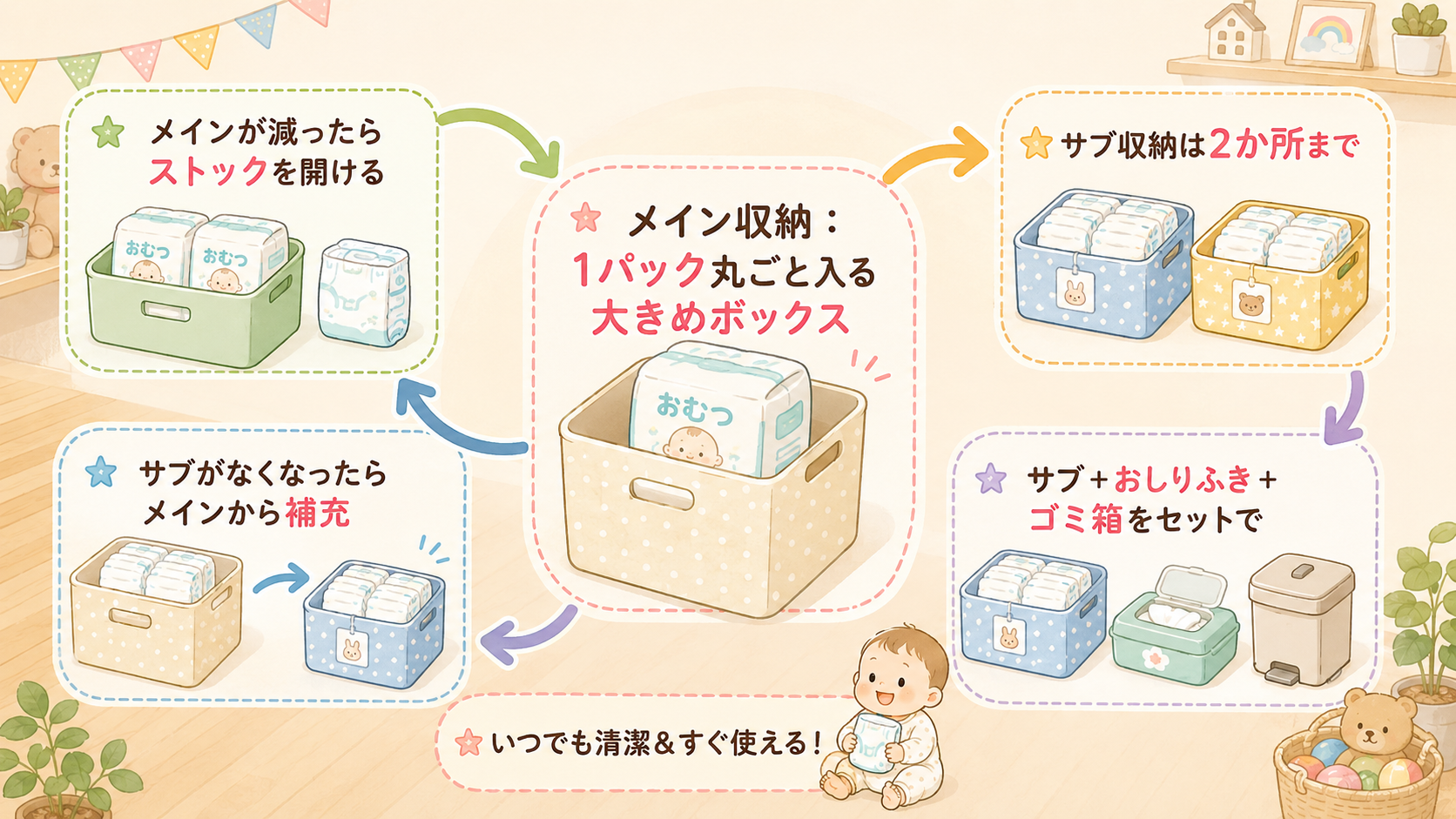 おむつ収納のメイン・サブ運用を示すフロー図解。中央に「メイン収納：1パック丸ごと入る大きめボックス」、そこから矢印で「サブ収納は2か所まで」「サブ＋おしりふき＋...