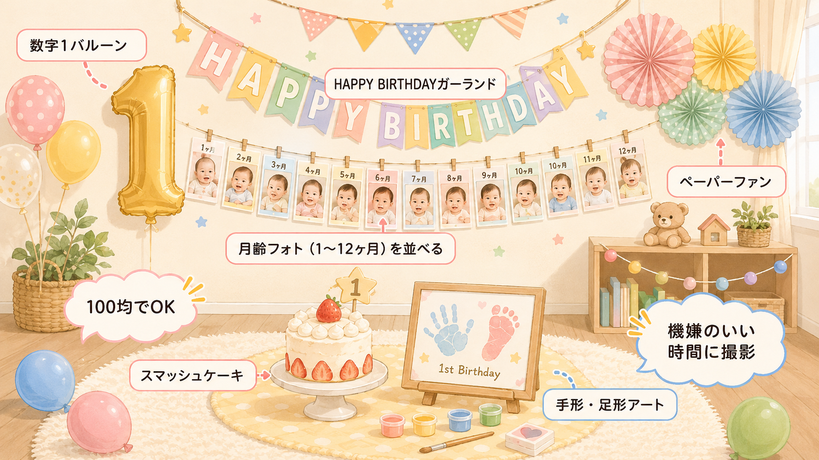 1歳の誕生日の飾り付けレイアウトを提案するインフォグラフィック。壁面に「数字1バルーン」「happy...