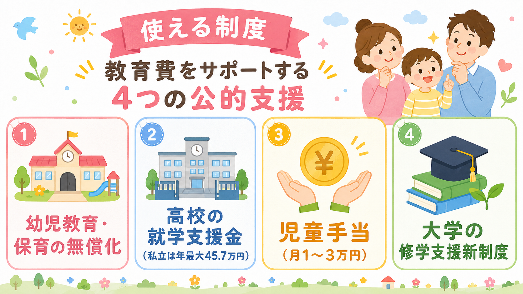 教育費を支える4つの公的制度のカード型図解。「幼児教育・保育の無償化」「高校の就学支援金（私立は年最大45.7万円）」「児童手当（月1〜3万円）」「大学の修学支...