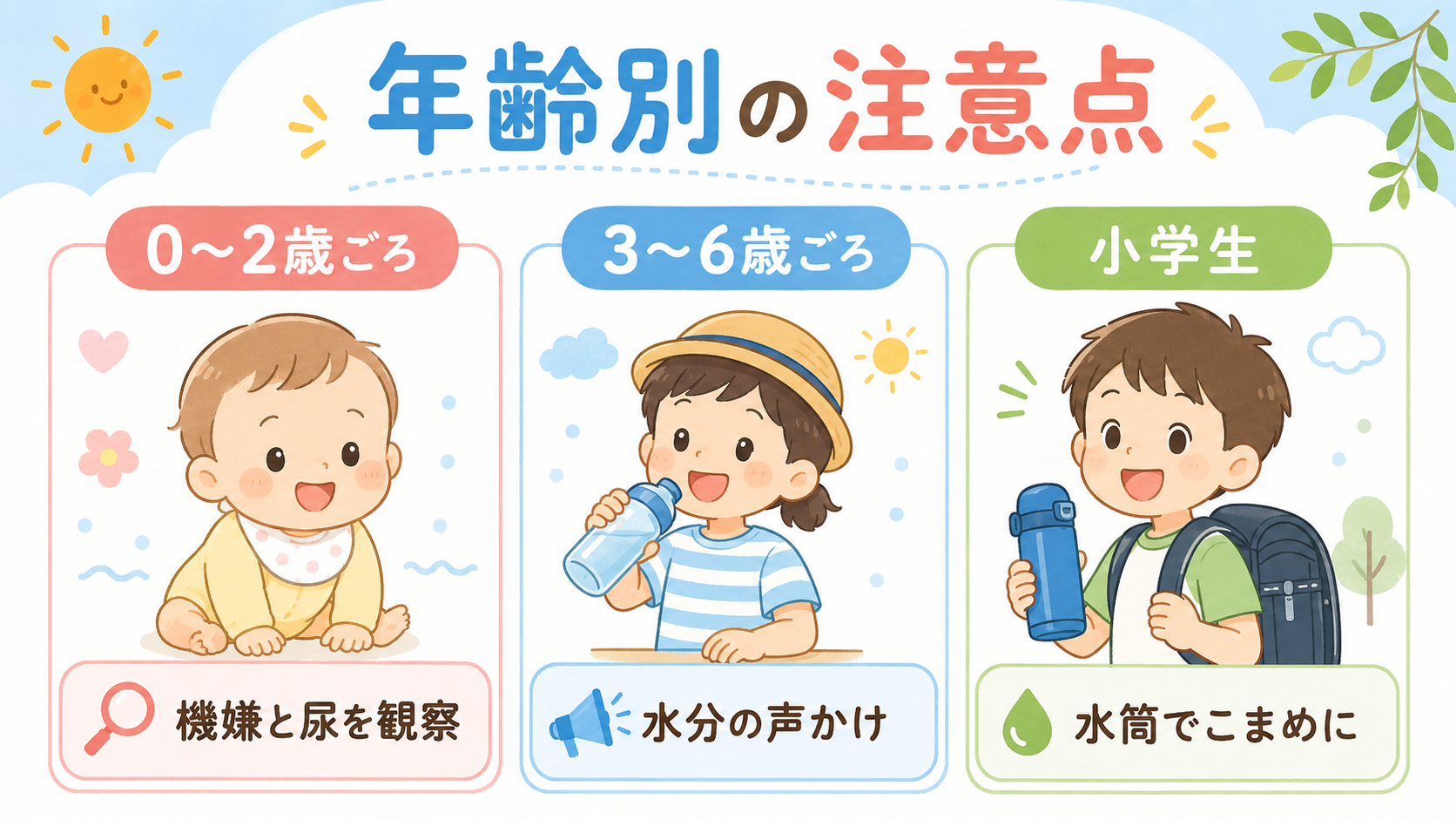 年齢別の夏バテ注意点を示す3列パネル。「0〜2歳ごろ」「3〜6歳ごろ」「小学生」の3列に赤ちゃん・園児・ランドセルの子どものイラストを置き、それぞれ「機嫌と尿を...