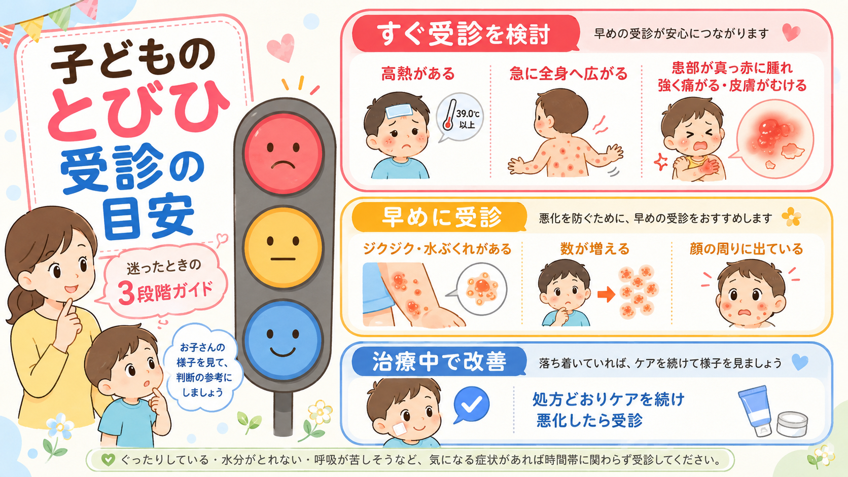とびひで受診を判断する3段階の信号機型インフォグラフィック。「すぐ受診を検討（赤）：高熱がある／急に全身へ広がる／患部が真っ赤に腫れ強く痛がる・皮膚がむける」「...