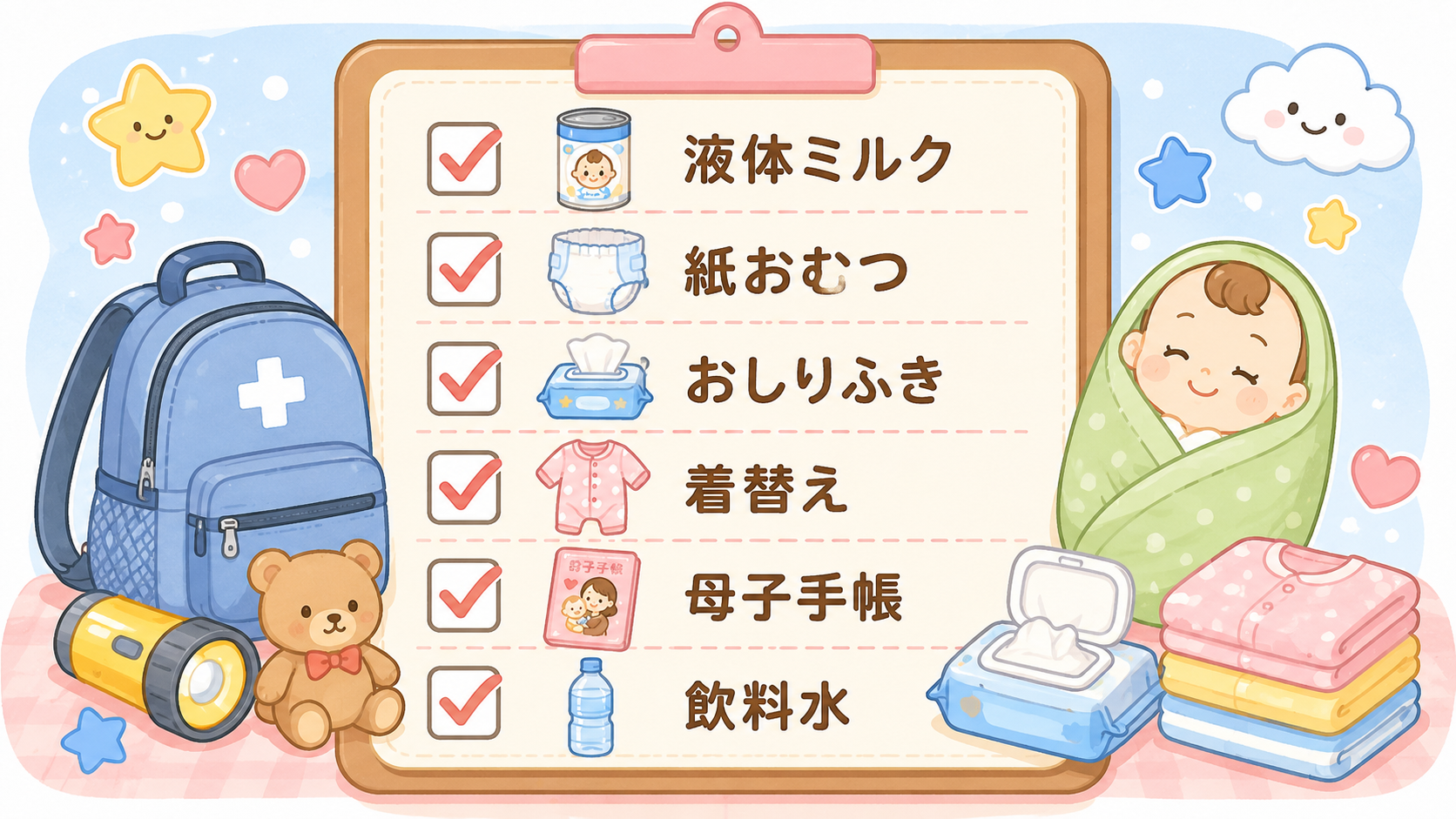 赤ちゃん防災備蓄チェックリストの図解。チェックボックス付きリスト風デザインで「液体ミルク」「紙おむつ」「おしりふき」「着替え」「母子手帳」「飲料水」の6項目にチ...