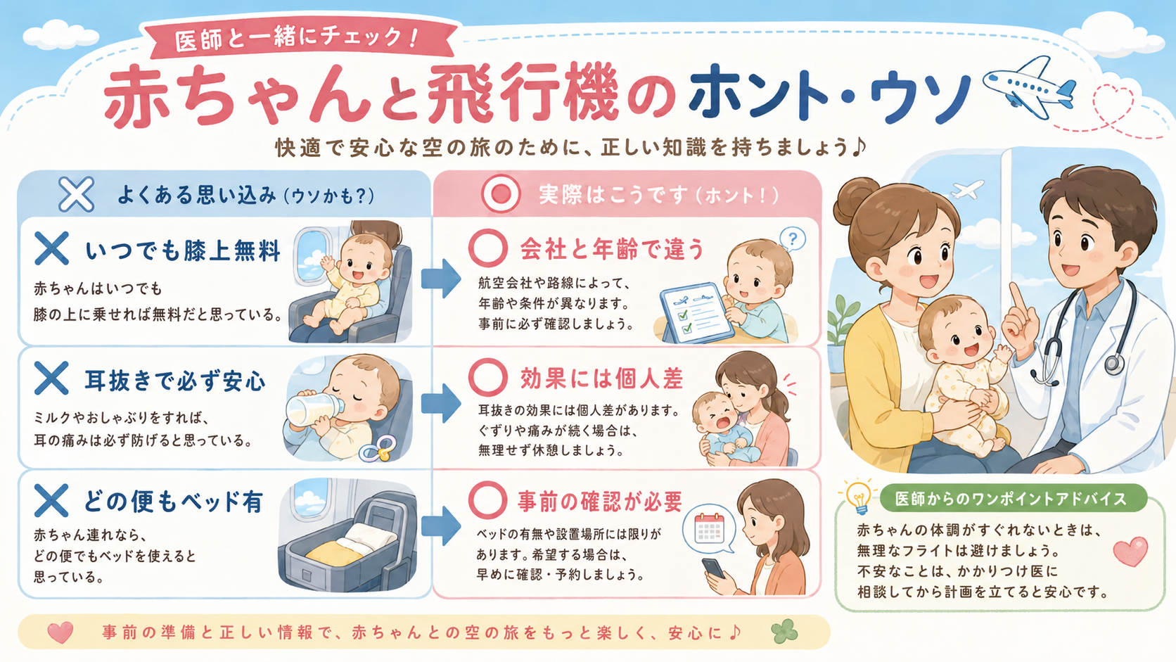 赤ちゃんと飛行機のよくある誤解と実際を○×で対比した3行パネル図。バツ印の列に「いつでも膝上無料」「耳抜きで必ず安心」「どの便もベッド有」、マル印の列に「会社と...