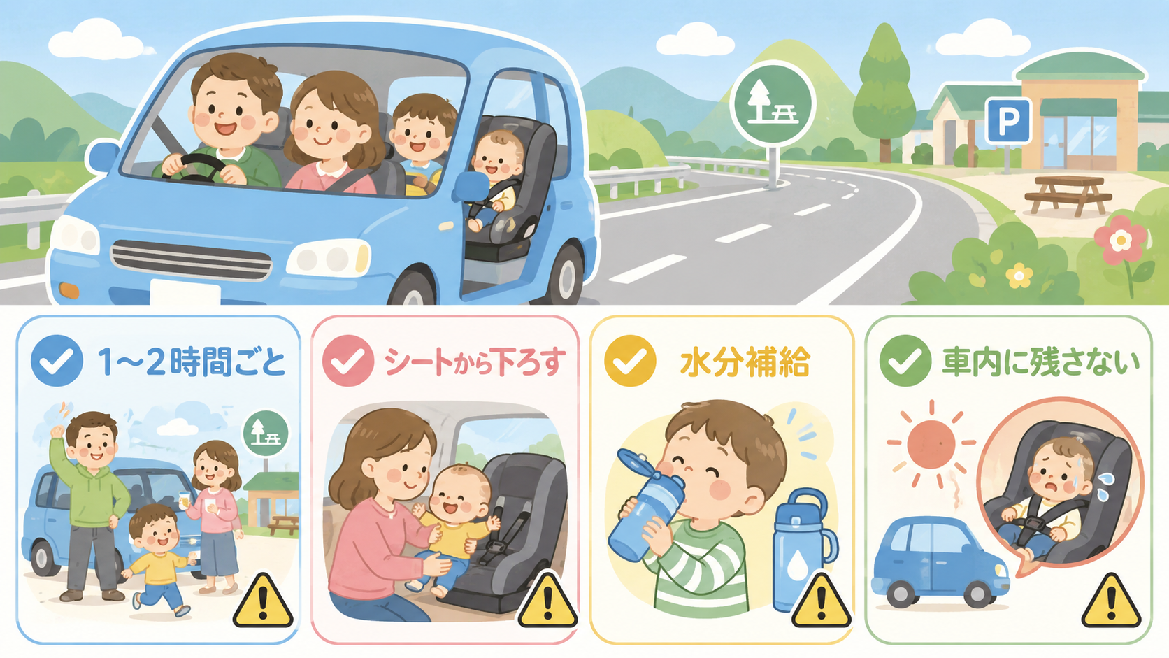 車帰省の休憩ルール図解。高速道路と車のイラストに「1〜2時間ごと」「シートから下ろす」「水分補給」「車内に残さない」の4つの日本語ラベル付きチェックポイント。画...