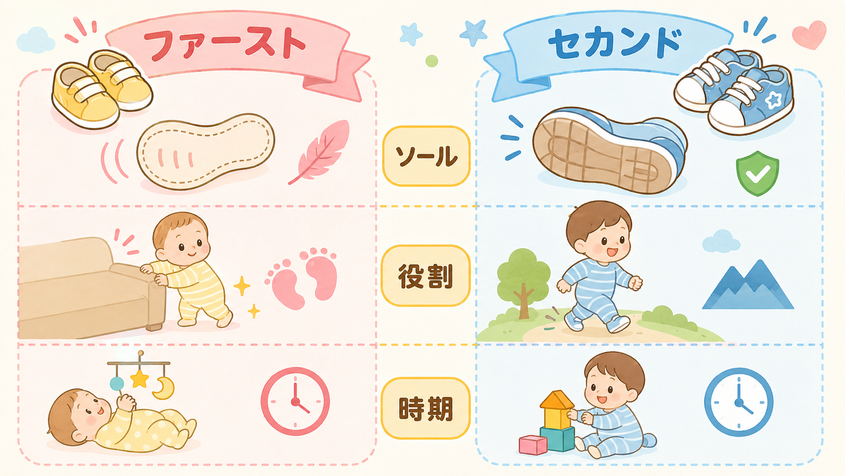 ファーストシューズとセカンドシューズの比較図。左に「ファースト」右に「セカンド」の靴イラストを並べ、「ソール」「役割」「時期」の3項目で違いを対比する。画像内の...