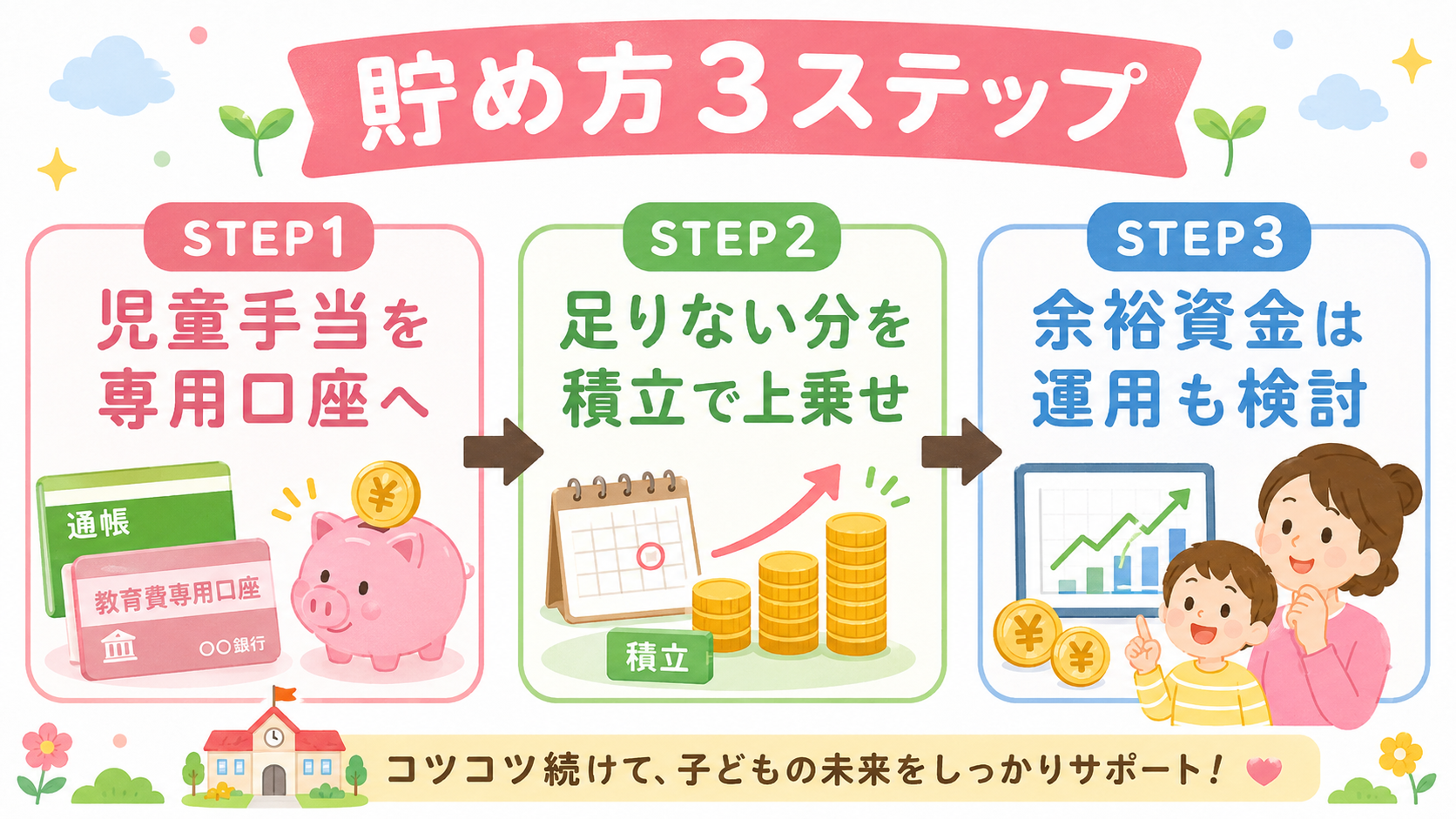 教育費の貯め方3ステップのフロー図。「step1 児童手当を専用口座へ」→「step2 足りない分を積立で上乗せ」→「step3...