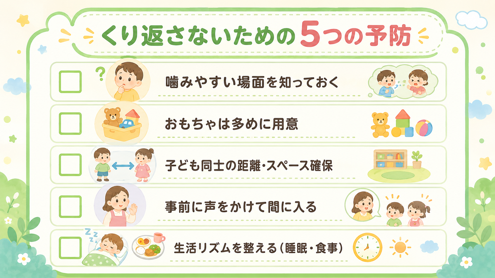 かみつきを未然に防ぐ予防チェックリストの図解。チェックボックス付きで5項目「噛みやすい場面を知っておく」「おもちゃは多めに用意」「子ども同士の距離・スペース確保...
